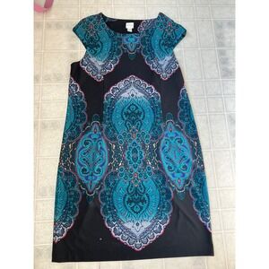 Chico's Colorful Sheath Dress Sz 4 XL Black Cap Sleeve Princess Seams Short Slv